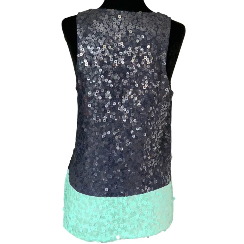 J Crew Sequin Embellished Round Neck Sleeveless Tank Top Navy Seafoam Gr…
